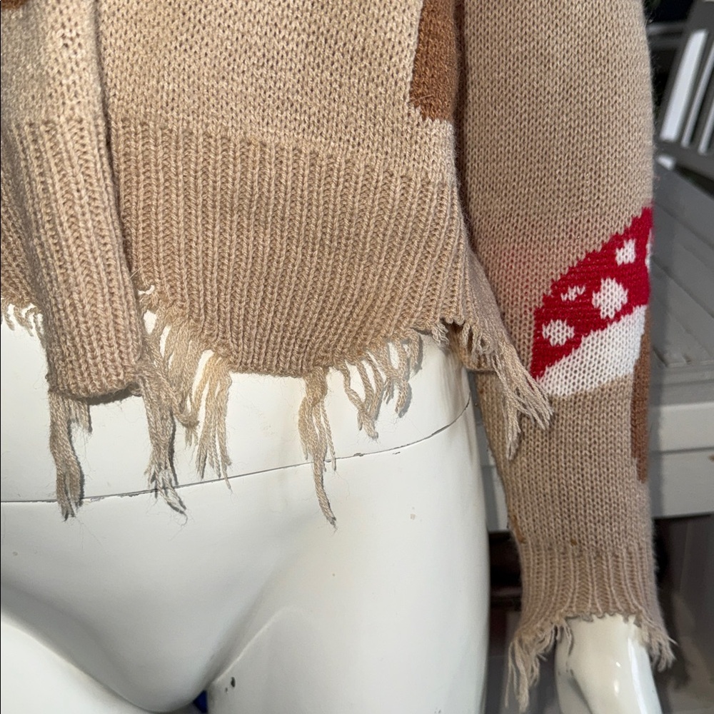 Rue 21 Frayed Mushroom Pattern V Neck knit Sweater - Tan Red white - Picture 4 of 9